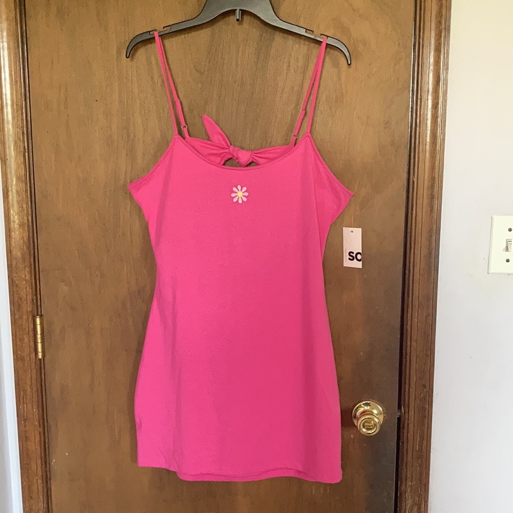 SO tie back bodycon mini dress pink w embroidered size XL jr
